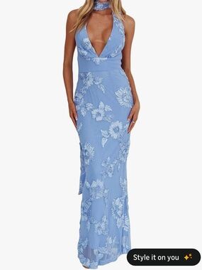 Elegant Blue Floral Halter Evening Gown